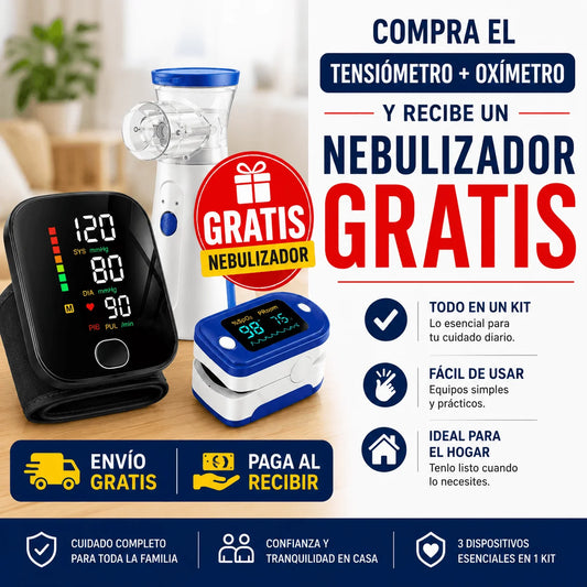 👨‍👩‍👧‍👦 KIT MÉDICO 3 EN 1 “TENSIÓMETRO + OXÍMETRO + NEBULIZADOR”.